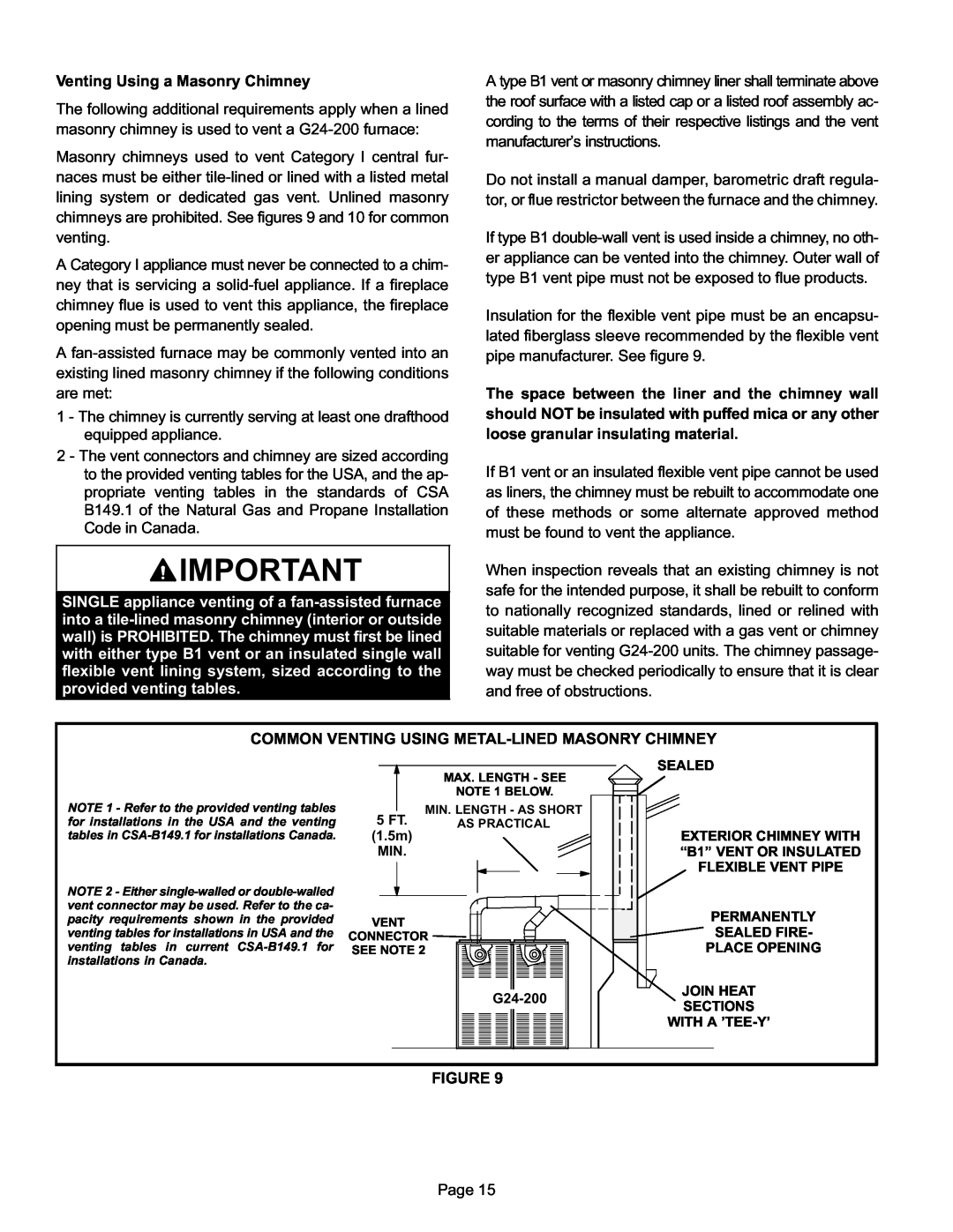 Lennox International Inc G24-200 installation instructions Venting Using a Masonry Chimney 