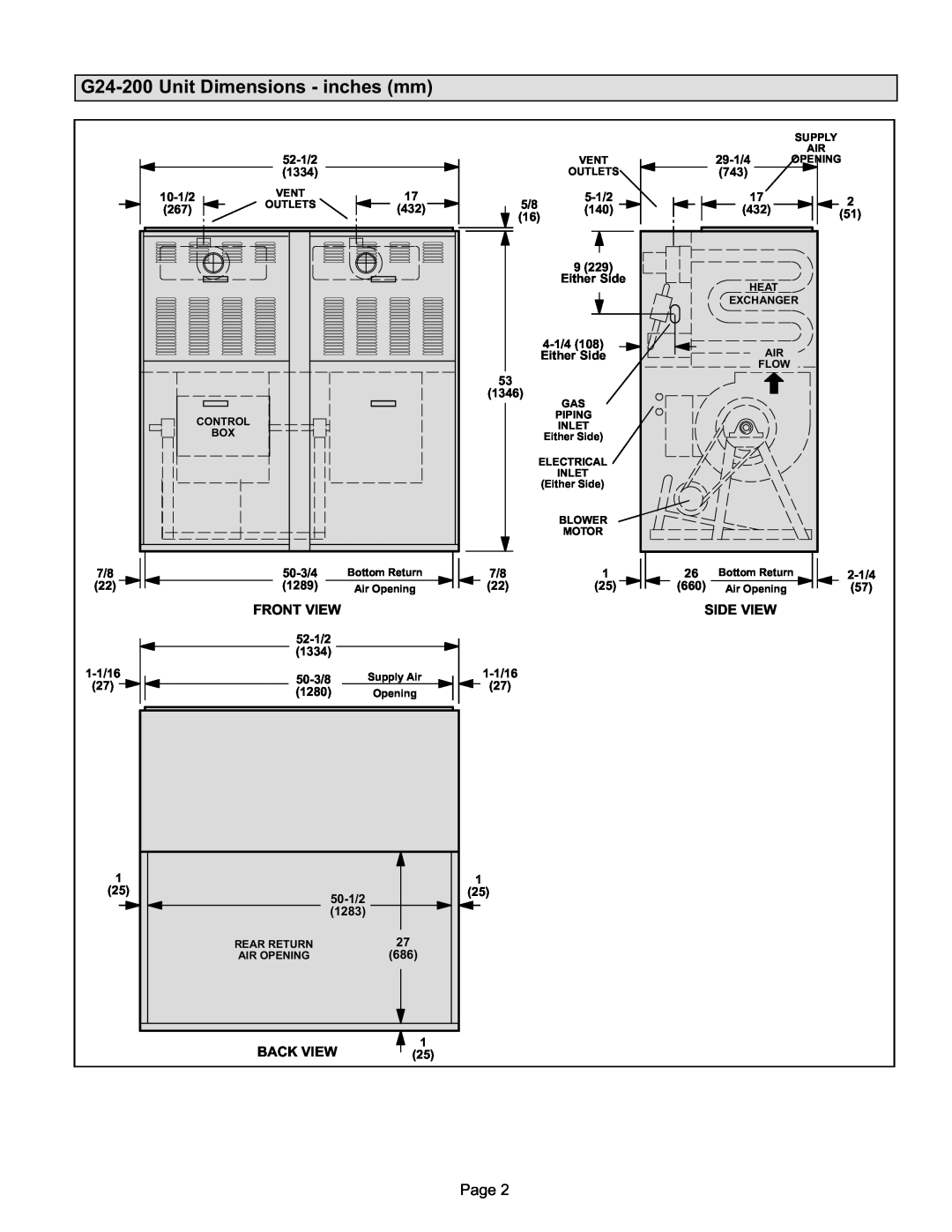 Lennox International Inc G24-200 installation instructions G24−200 Unit Dimensions − inches mm, Page 