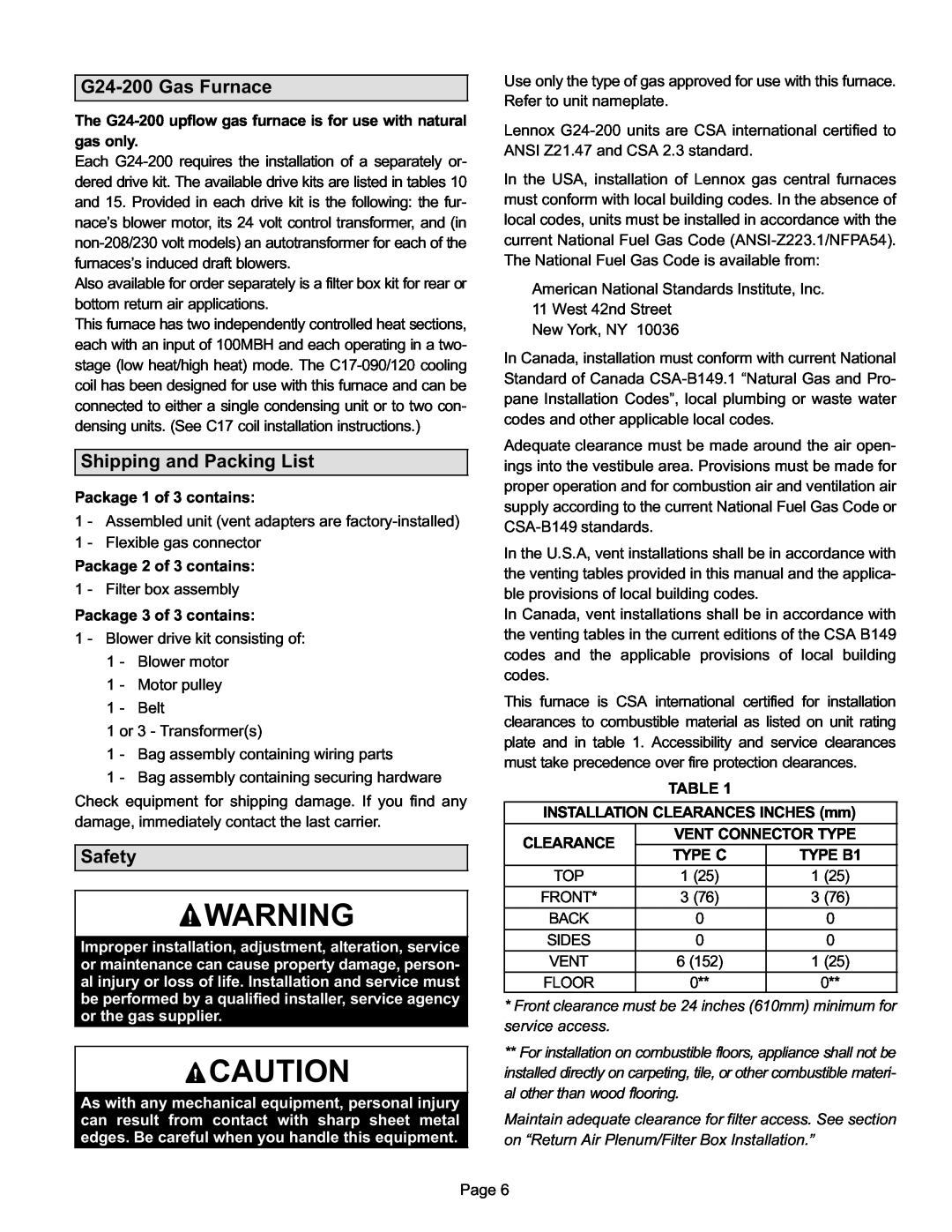 Lennox International Inc G24-200 installation instructions G24−200 Gas Furnace, Shipping and Packing List, Safety 