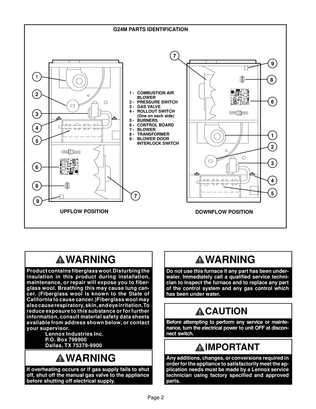 Lennox International Inc G24M SERIES manual G24M Parts Identification, Upflow Position Downflow Position 