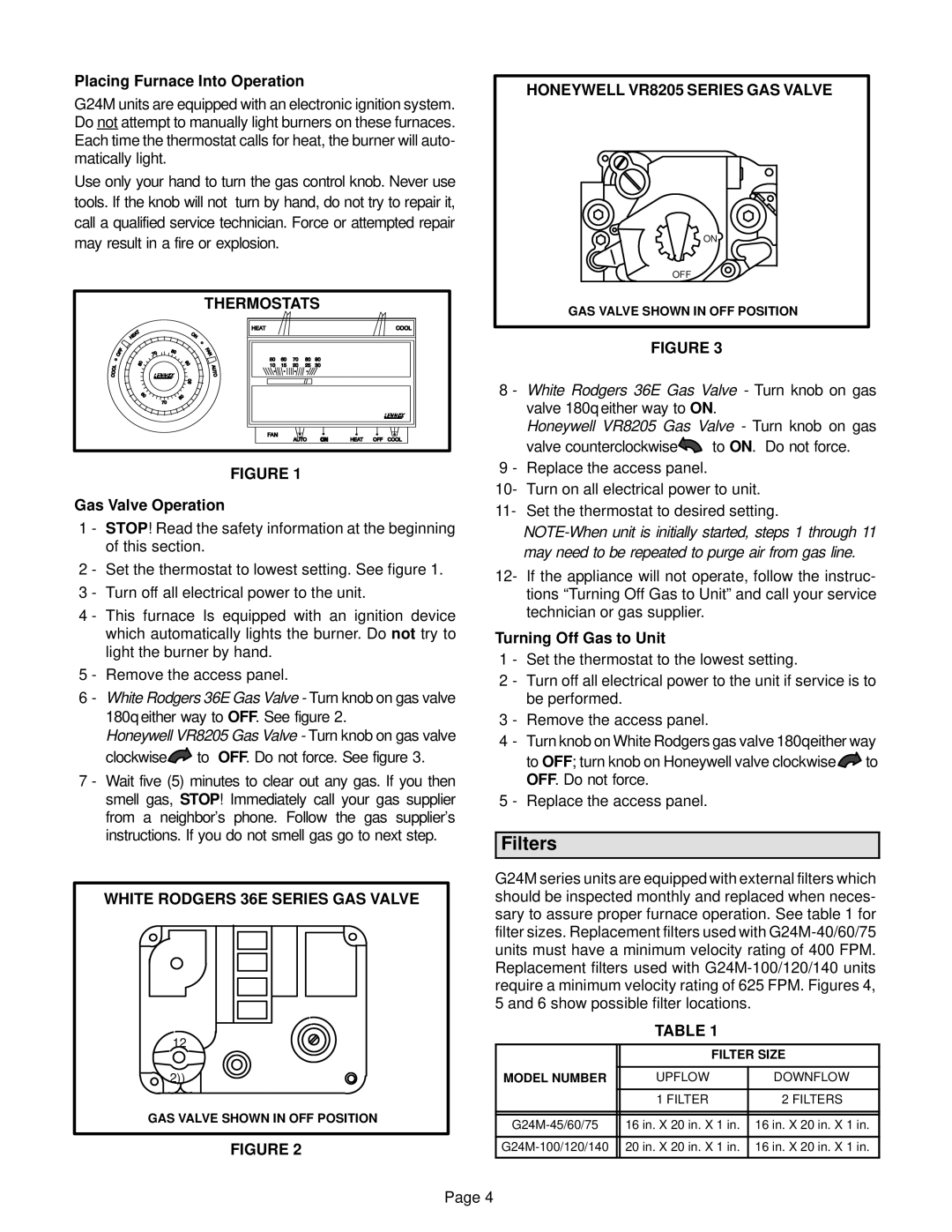 Lennox International Inc G24M SERIES manual Filters, Thermostats, Honeywell VR8205 Series GAS Valve, 36E Series GAS Valve 