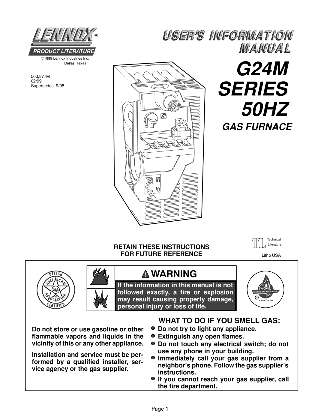 Lennox International Inc manual G24M SERIES 50HZ, Gas Furnace, $51,1, What To Do If You Smell Gas 