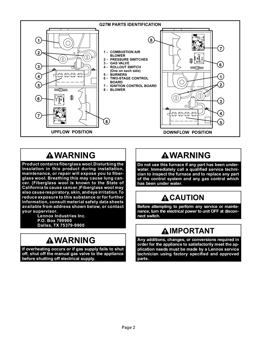 Lennox International Inc manual G27M Parts Identification, Upflow Position Downflow Position 