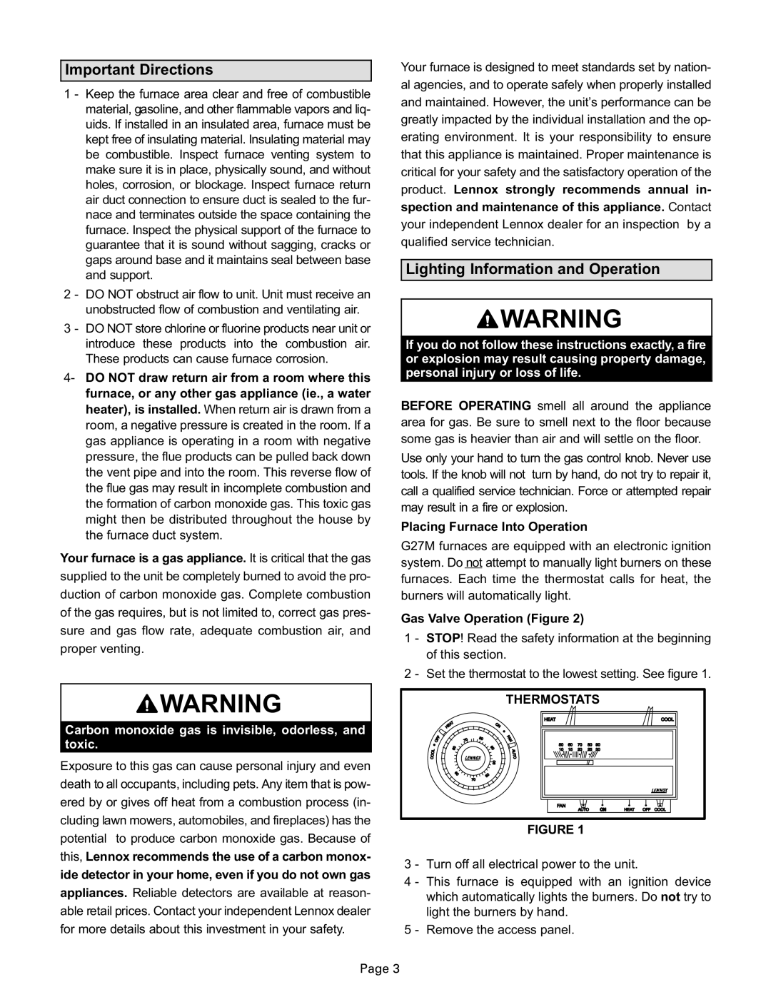 Lennox International Inc G27M manual Important Directions, Lighting Information and Operation, Thermostats 