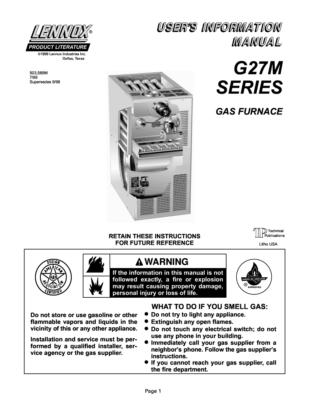 Lennox International Inc manual G27M SERIES, Gas Furnace, What To Do If You Smell Gas 