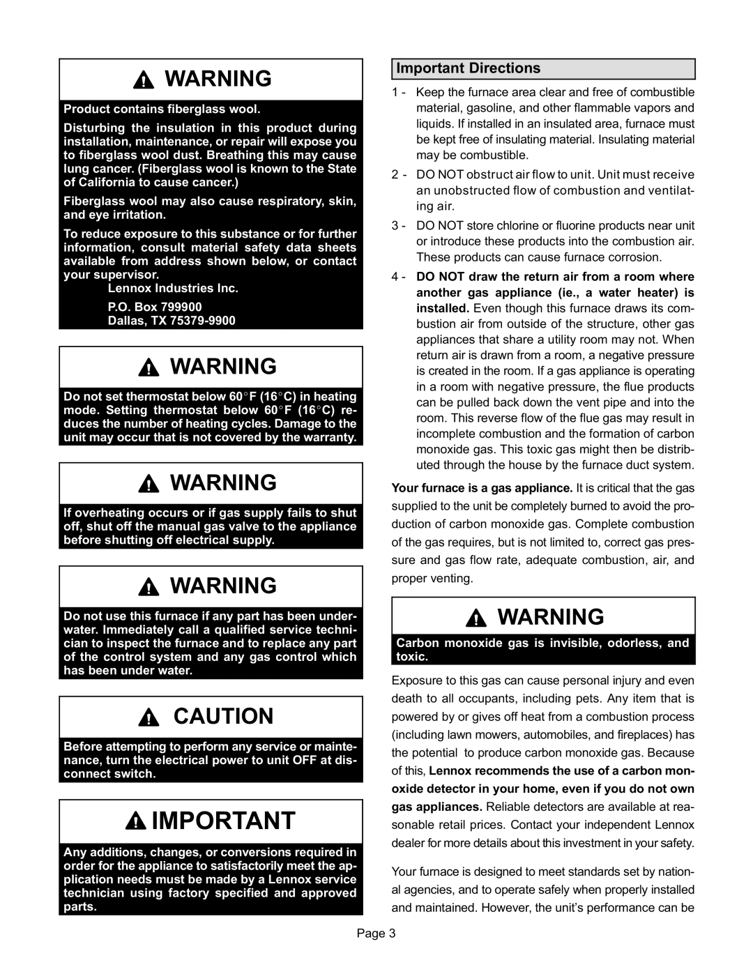 Lennox International Inc G32 SERIES manual Important Directions, Carbon monoxide gas is invisible, odorless, and toxic 