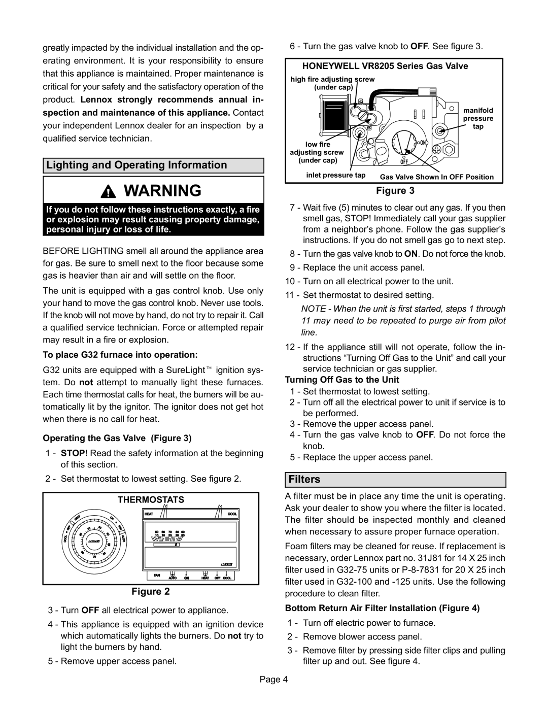 Lennox International Inc G32 SERIES manual Lighting and Operating Information, Filters, Thermostats 