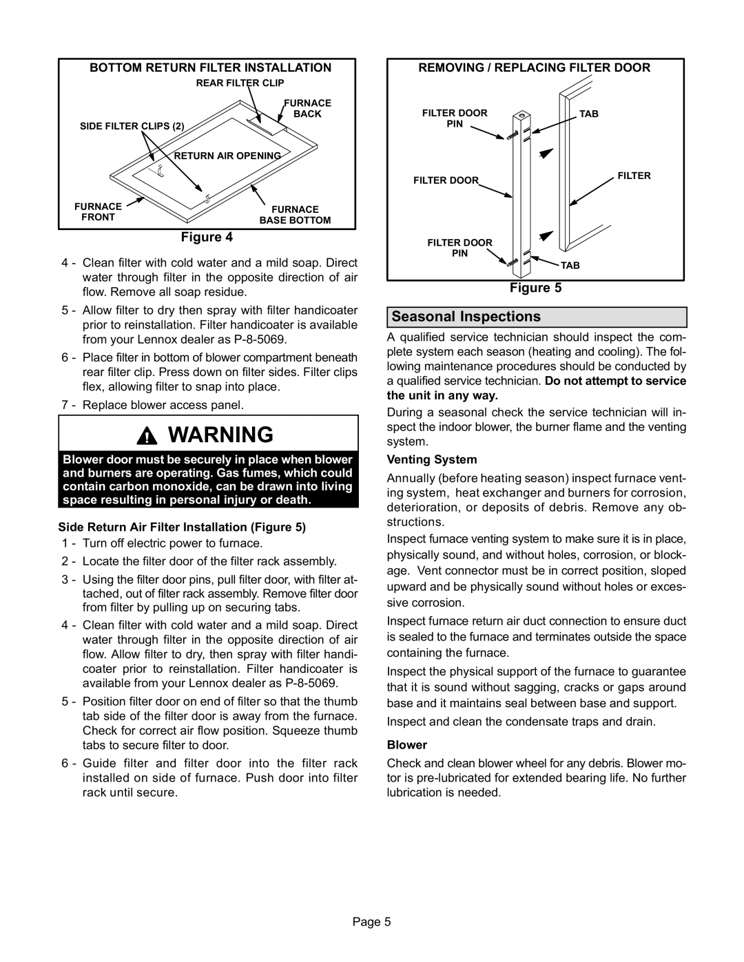 Lennox International Inc G32 SERIES manual Seasonal Inspections, Bottom Return Filter Installation 