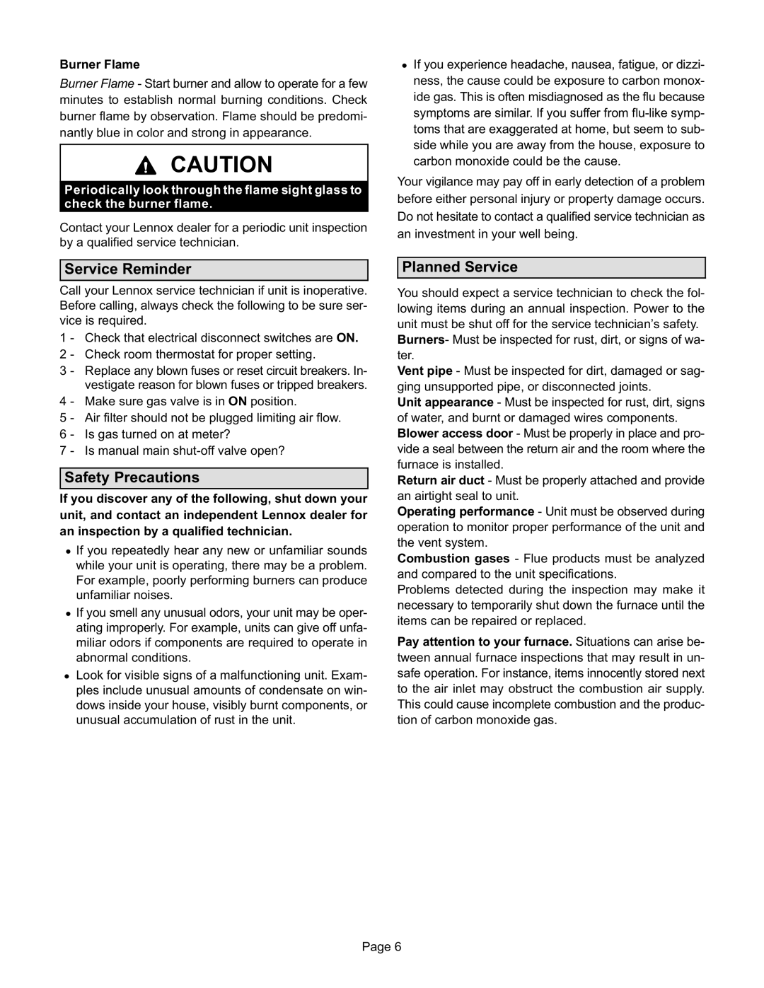 Lennox International Inc G32 SERIES manual Service Reminder, Safety Precautions, Planned Service 