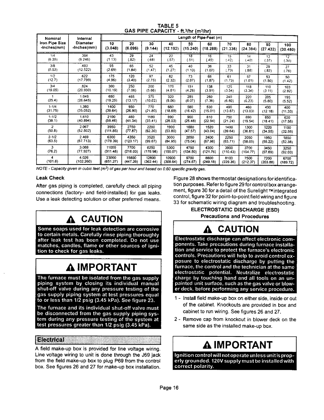 Lennox International Inc G32Q4-125, G32Q3-100 Electrostatic Discharge ESD, GAS Pipe Capacity ft.3/hr Im31hrl, Leak Check 