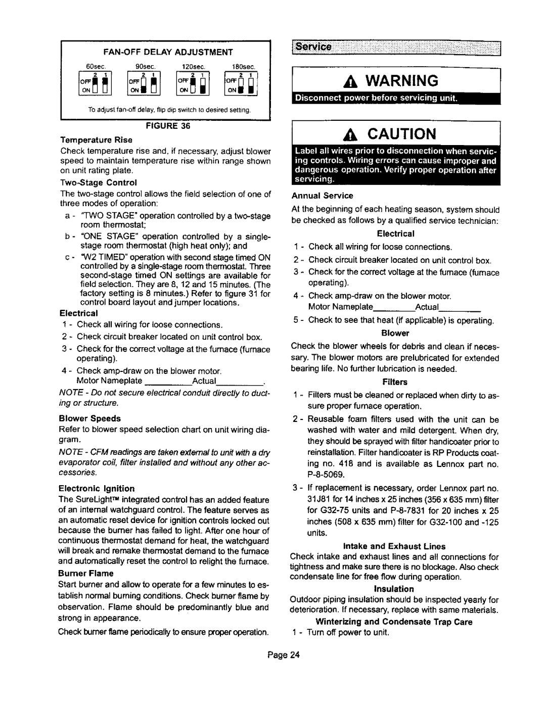 Lennox International Inc G32Q3-100, G32Q5-125, G32Q5-100, G32Q3-75, G32Q4-125 Temperature Rise, Blower Speeds, Annual Service 