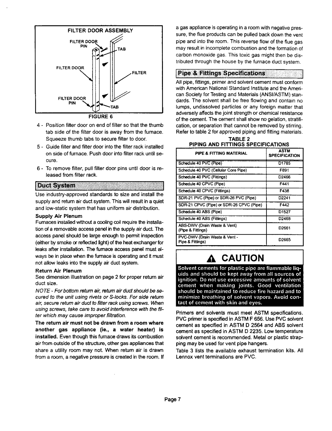 Lennox International Inc G32Q5-125, G32Q3-100 Filter Door Assembly, Supply Air Plenum, Piping and Fittings Specifications 