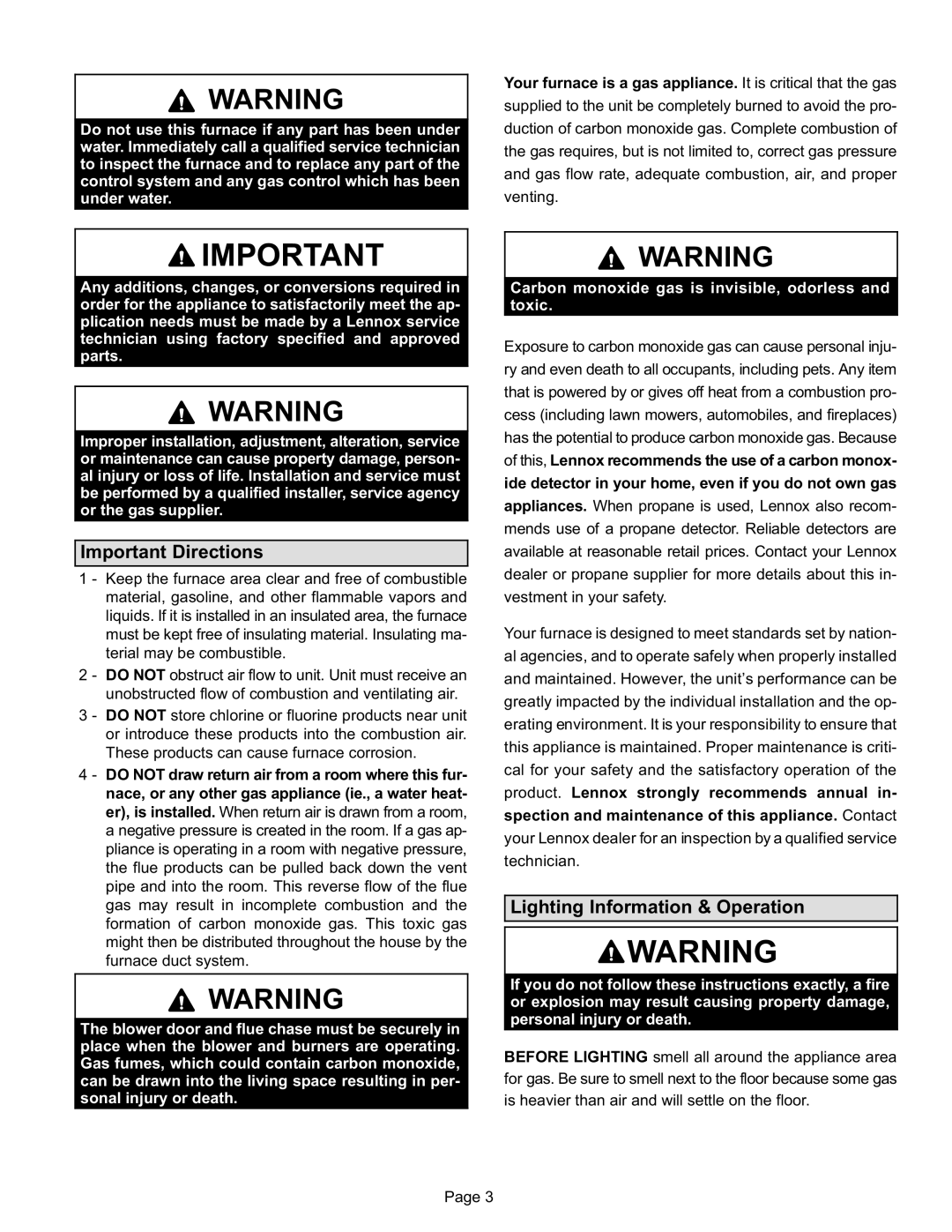 Lennox International Inc G40DF(X) SERIES manual Important Directions, Lighting Information & Operation 