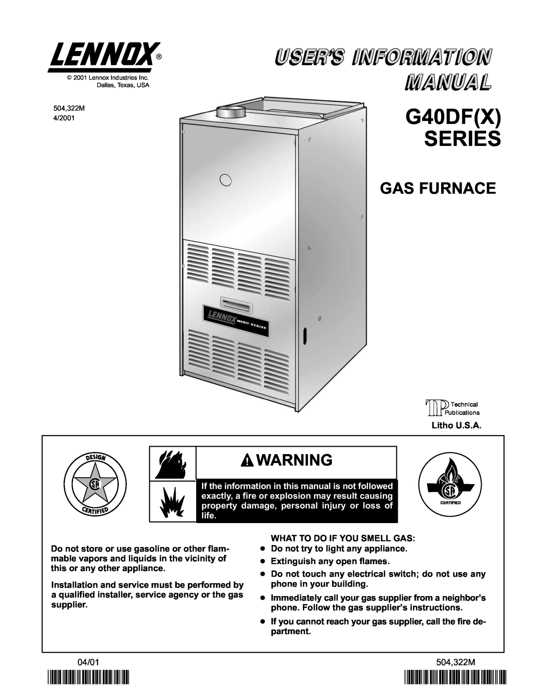 Lennox International Inc G40DF(X) SERIES manual G40DFX SERIES, Gas Furnace, 2P0401, P504322M 