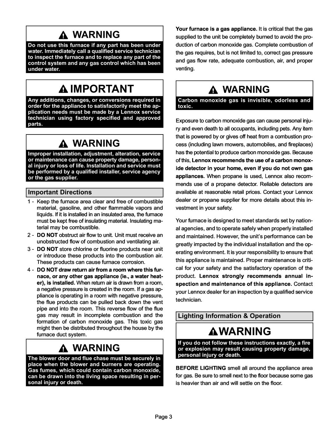 Lennox International Inc G40DF(X) SERIES manual Important Directions, Lighting Information & Operation 