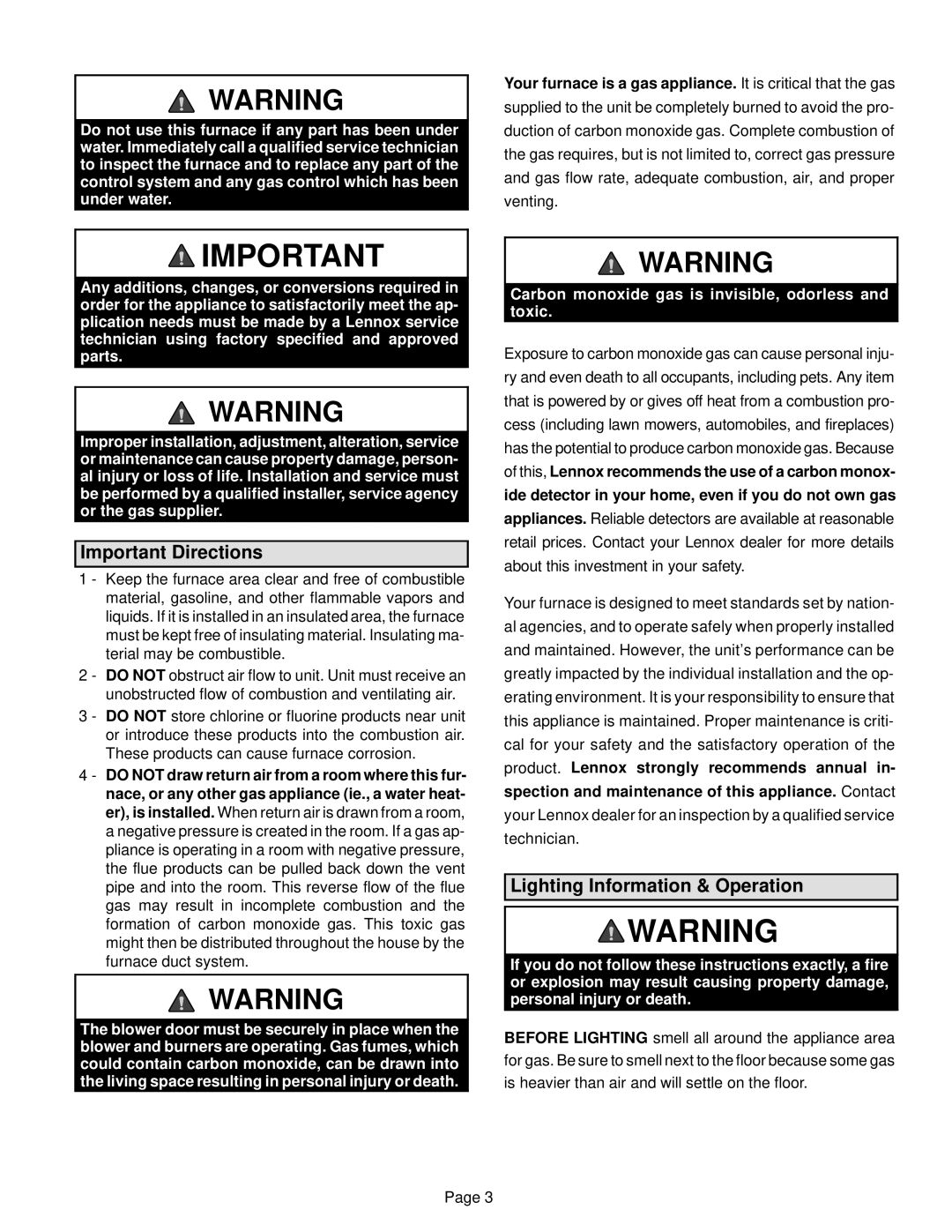 Lennox International Inc G40UH(X) manual Important Directions, Lighting Information & Operation 