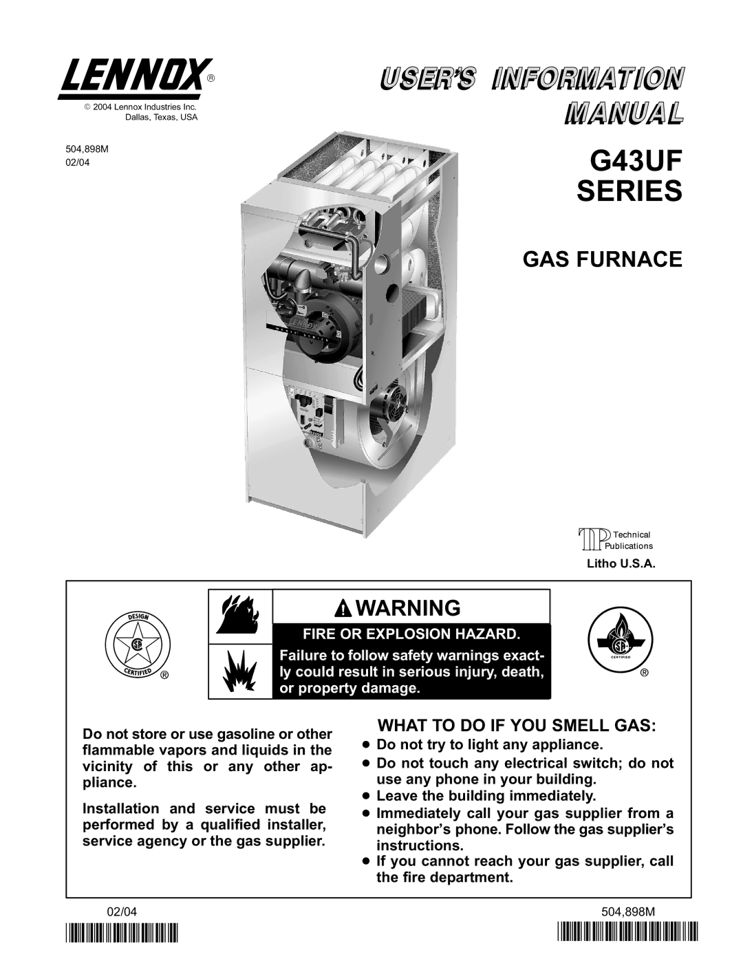 Lennox International Inc manual G43UF Series 