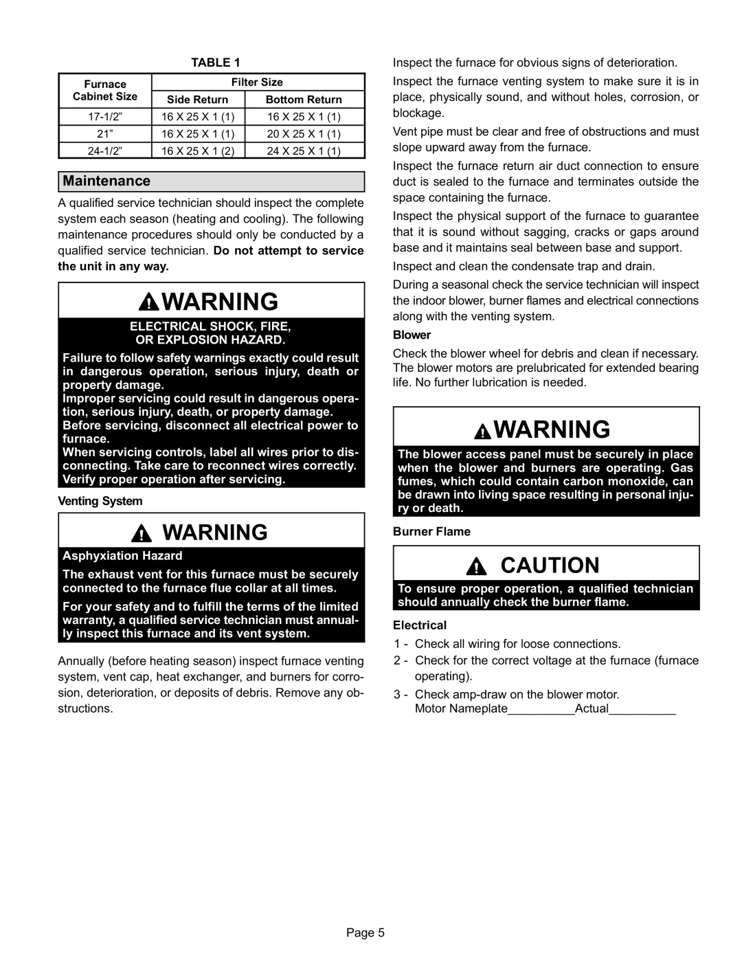 Lennox International Inc G43UF manual Maintenance, Electrical SHOCK, Fire Or Explosion Hazard 