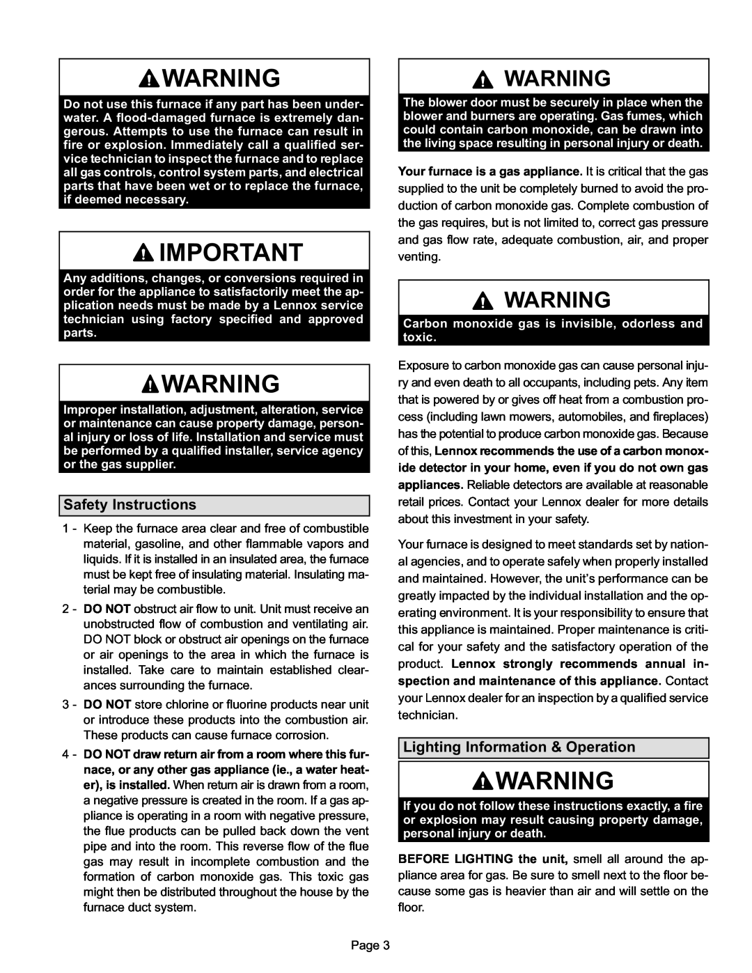 Lennox International Inc G43UF manual Safety Instructions, Lighting Information & Operation 