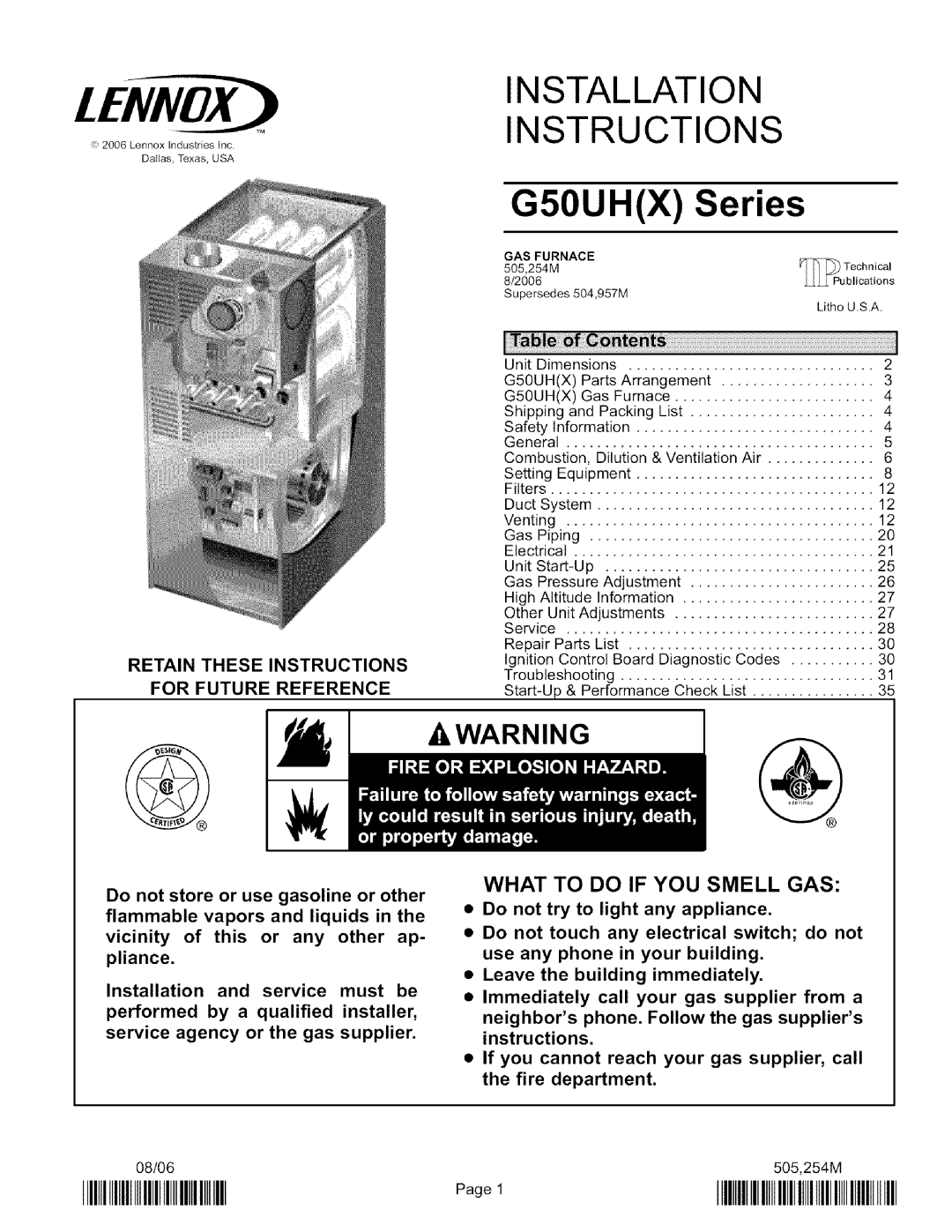 Lennox International Inc G50UH-60D-135, G50UH-48C-110, G50UH-36C-110, G50UH-36B-090 installation instructions G50UHX Series 