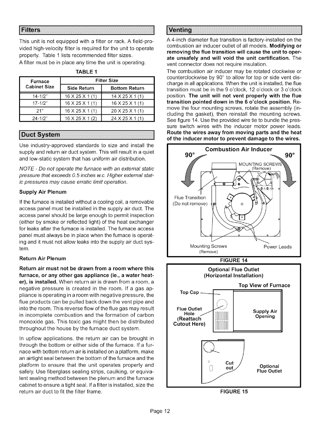 Lennox International Inc G50UH-60D-135 Filter Size, Supply Air Plenum, Combustion Air Inducer, Hole, Reattach 