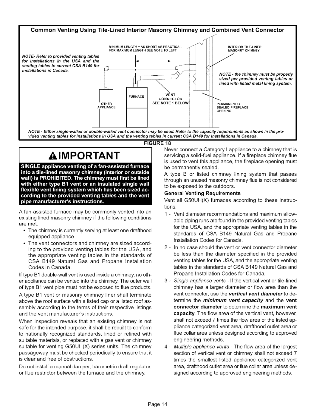 Lennox International Inc G50UH-36B-090 Common Venting Using Tile-Lined Interior Masonry Chimne, Combined Vent Connector 