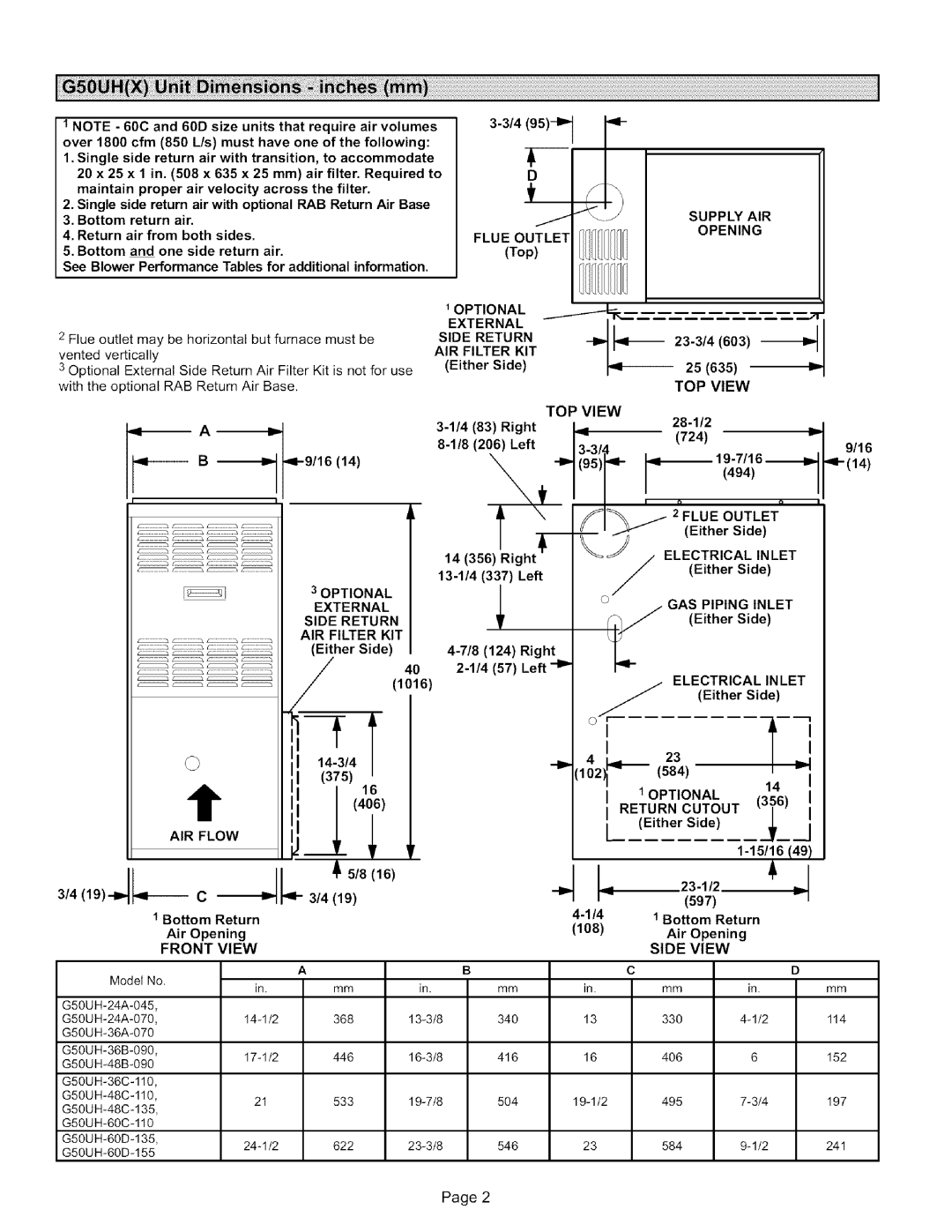 Lennox International Inc G50UH-36C-110, G50UH-48C-110, G50UH-60D-135, G50UH-36B-090, G50UH-60C-110, G50UH-48B-090 Supply AIR 