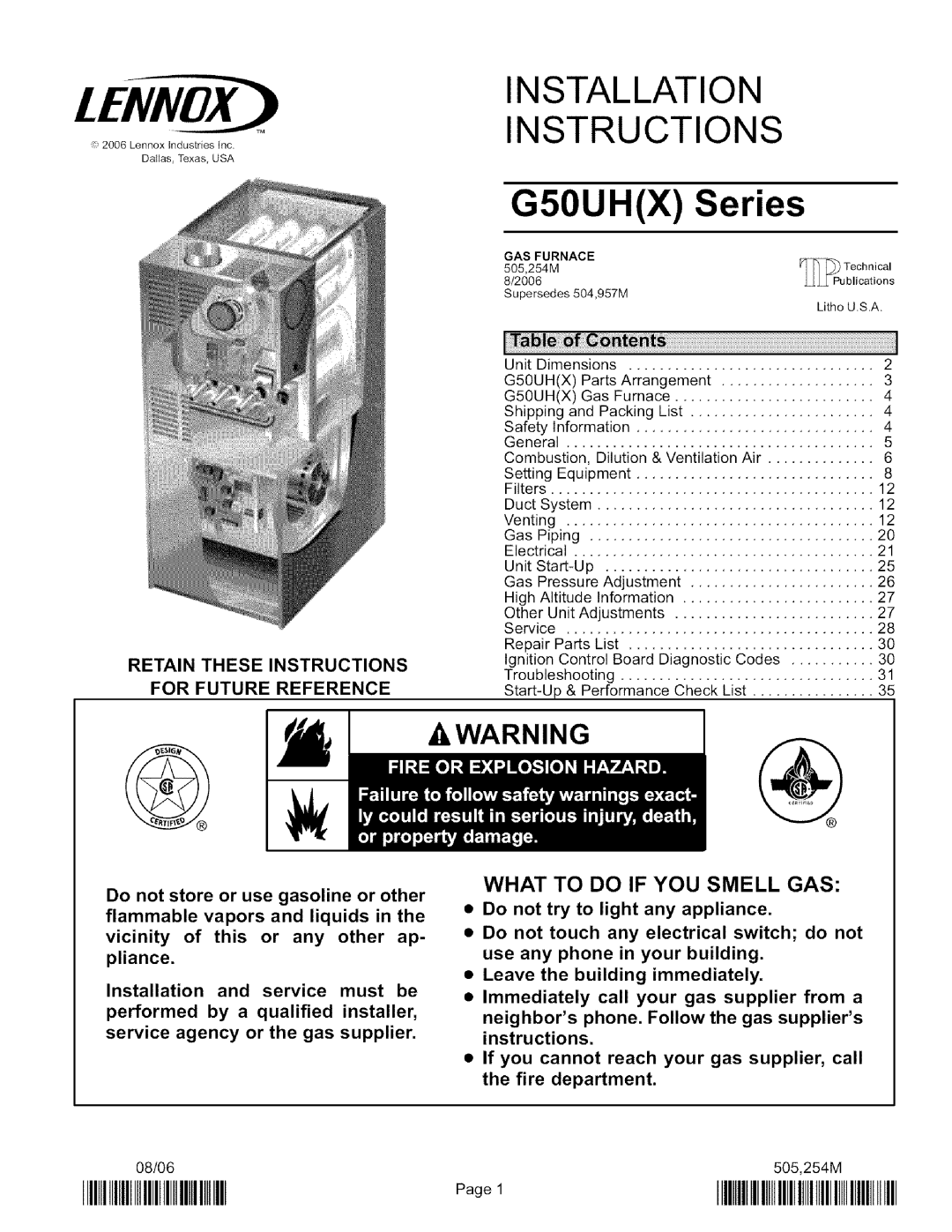 Lennox International Inc G50UH-60D-135 installation instructions Installation, Instructions, What To Do If You Smell Gas 