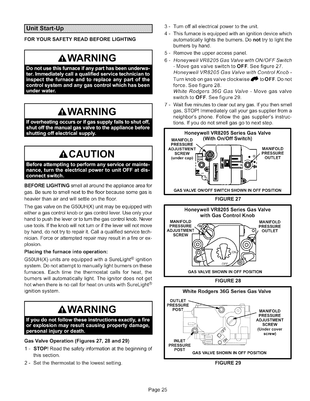 Lennox International Inc G50UH-36B-090 Awarning Awarning Acaution, For Your Safety Read Before Lighting, Manifold, Knob 