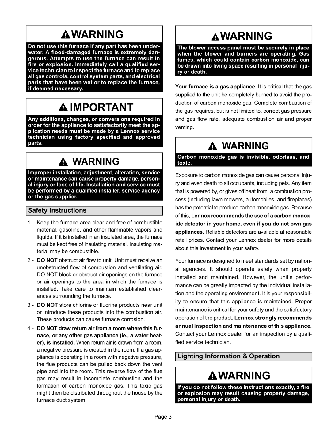 Lennox International Inc G60UH(X) Series manual Safety Instructions, Lighting Information & Operation 