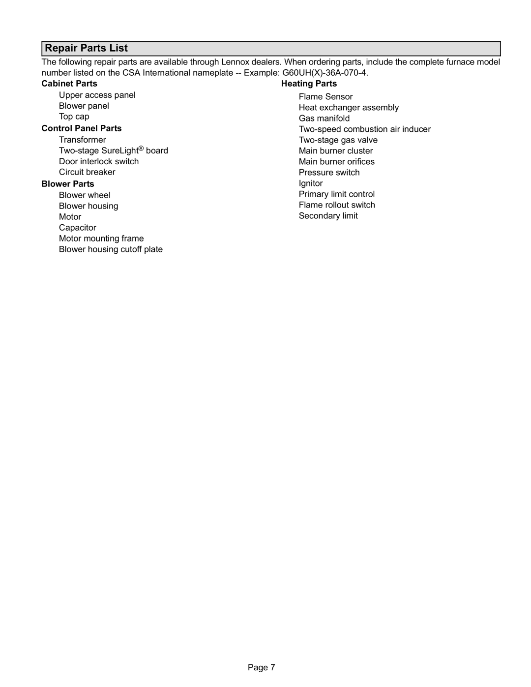 Lennox International Inc G60UH(X) Series manual Repair Parts List 