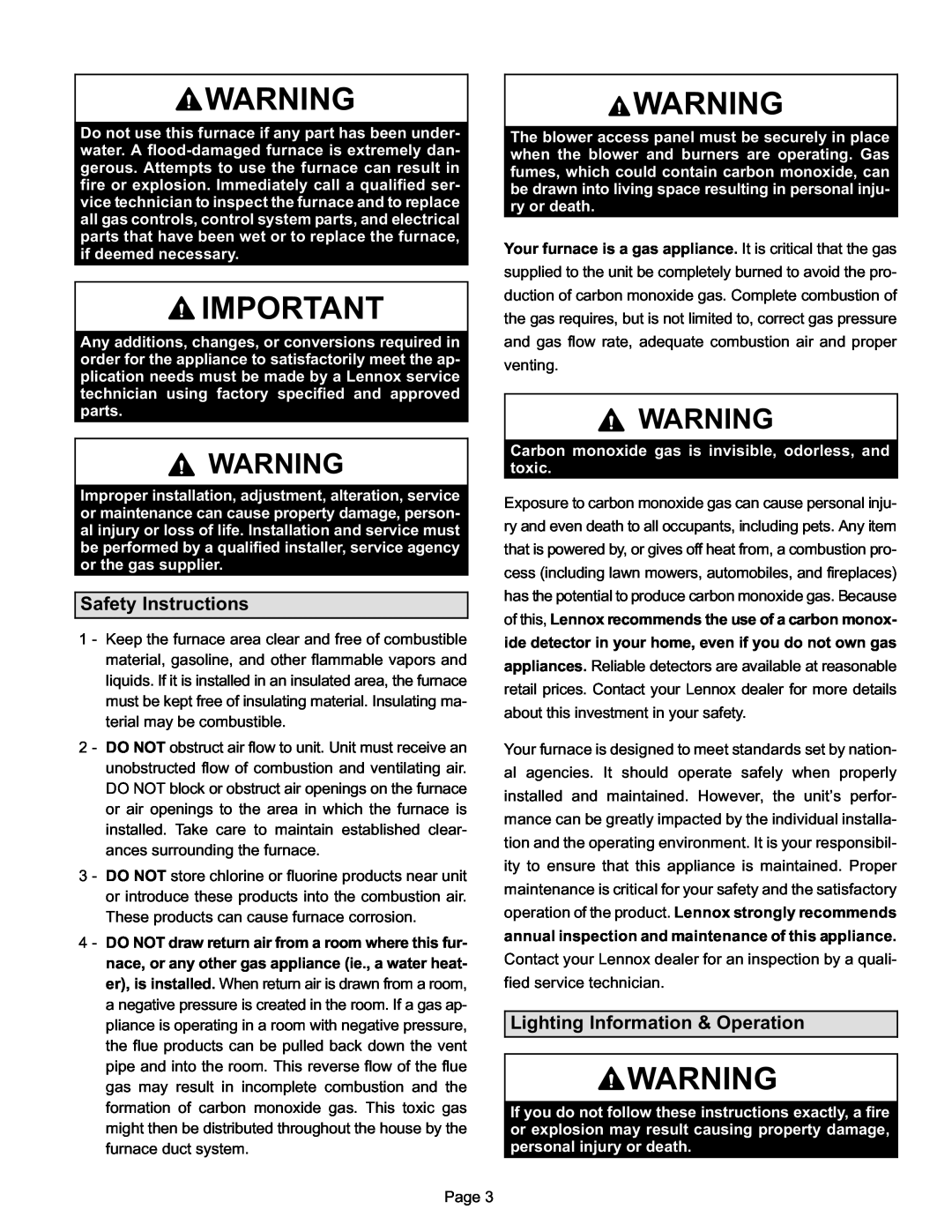Lennox International Inc G60UH(X) Series manual Safety Instructions, Lighting Information & Operation 