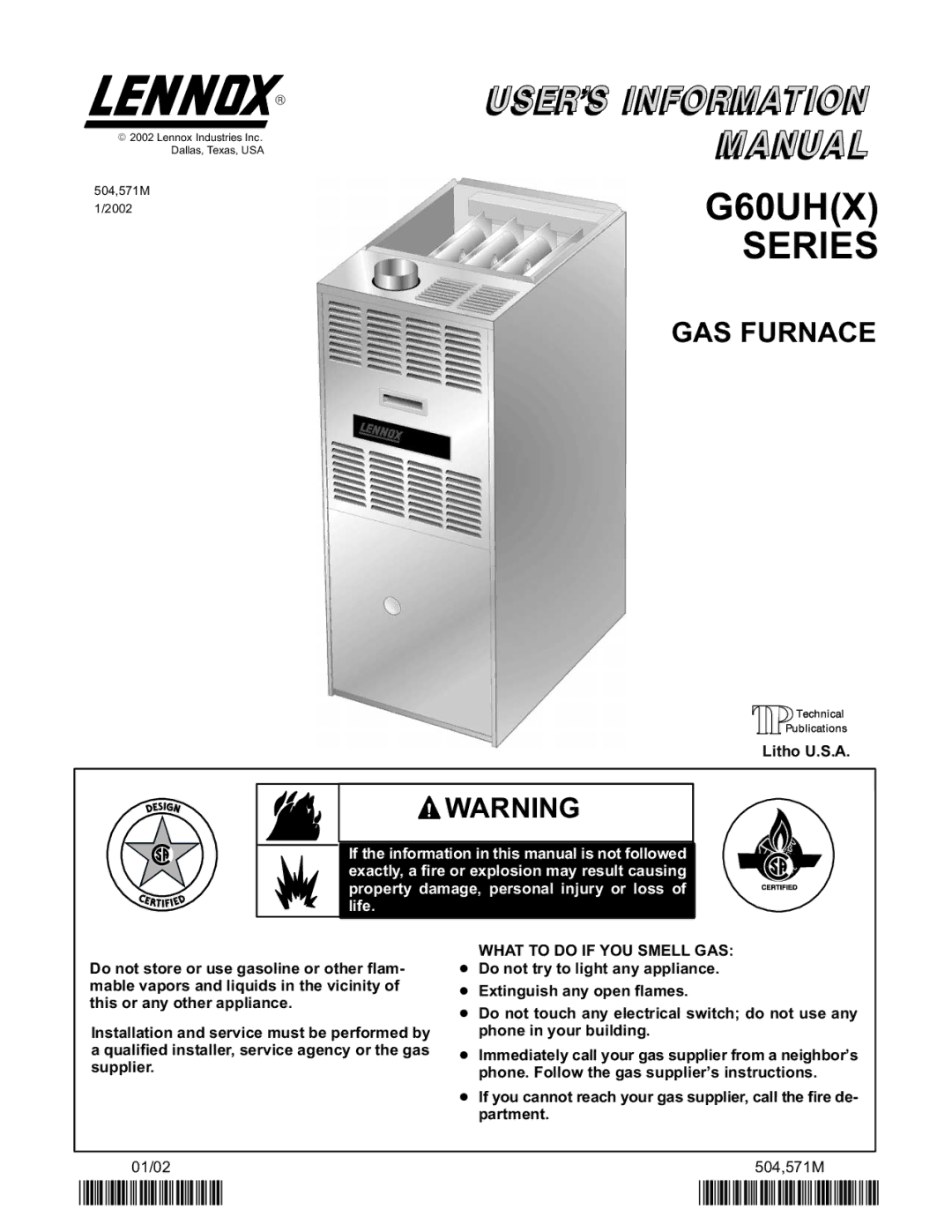 Lennox International Inc G60UH(X) manual Series, What to do if YOU Smell GAS 