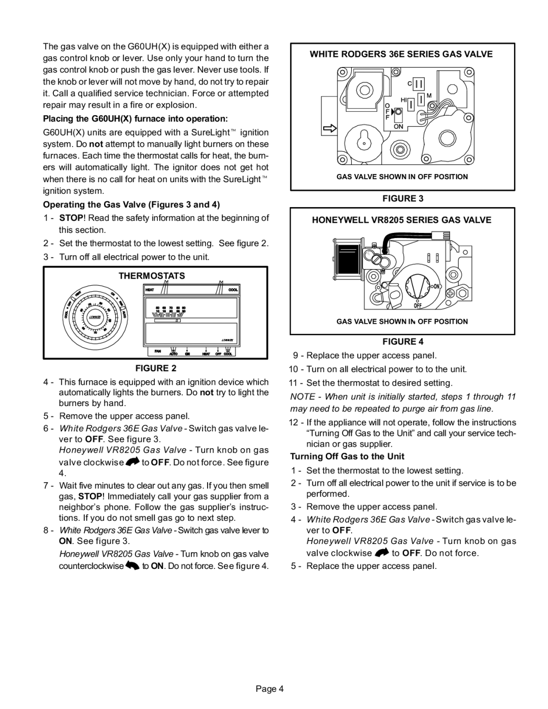 Lennox International Inc G60UH(X) manual Thermostats, White Rodgers 36E Series GAS Valve, Honeywell VR8205 Series GAS Valve 