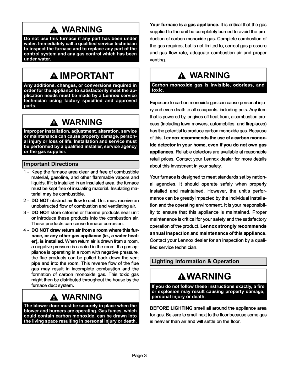 Lennox International Inc G60UH(X) manual Important Directions, Lighting Information & Operation 