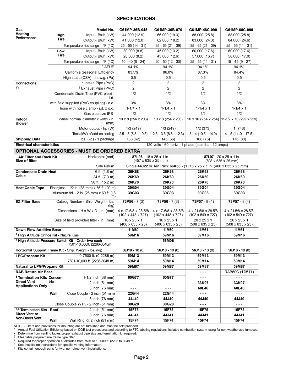 Lennox International Inc G61MP specifications Specifications, Optional Accessories − Must be Ordered Extra, Afue 