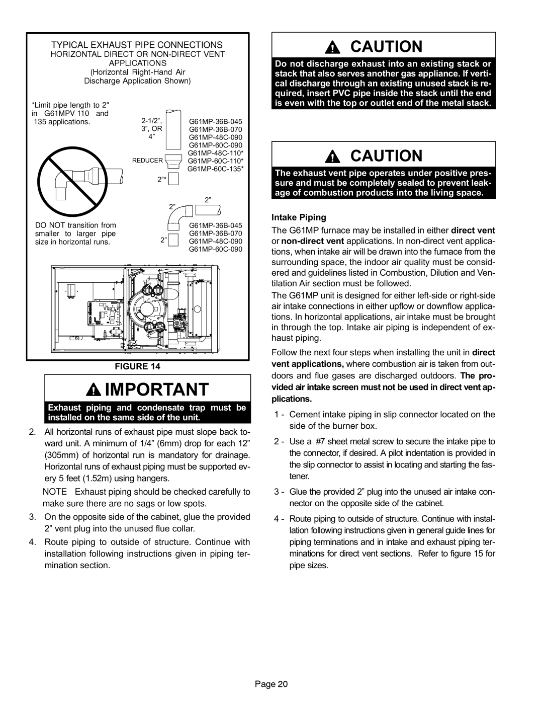 Lennox International Inc G61MP specifications Typical Exhaust Pipe Connections 