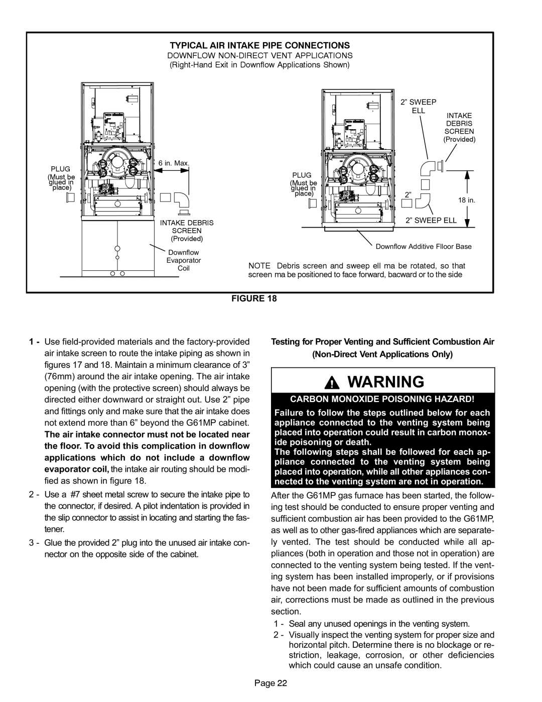 Lennox International Inc G61MP specifications Carbon Monoxide Poisoning Hazard, Sweep ELL 