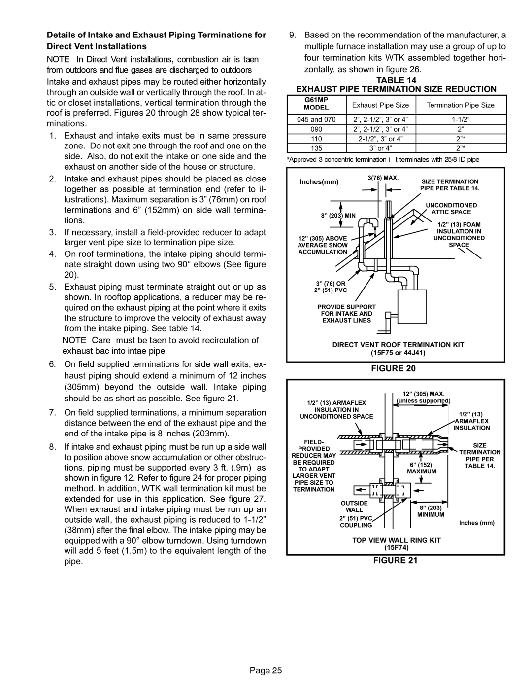 Lennox International Inc G61MP specifications Exhaust Pipe Termination Size Reduction 