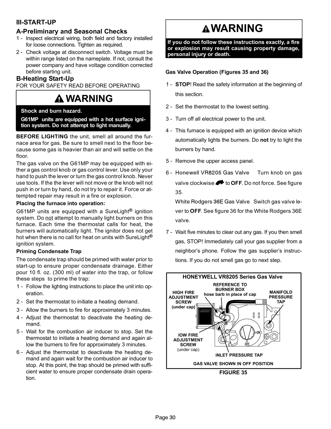 Lennox International Inc G61MP Preliminary and Seasonal Checks, Heating Start-Up, For Your Safety Read Before Operating 