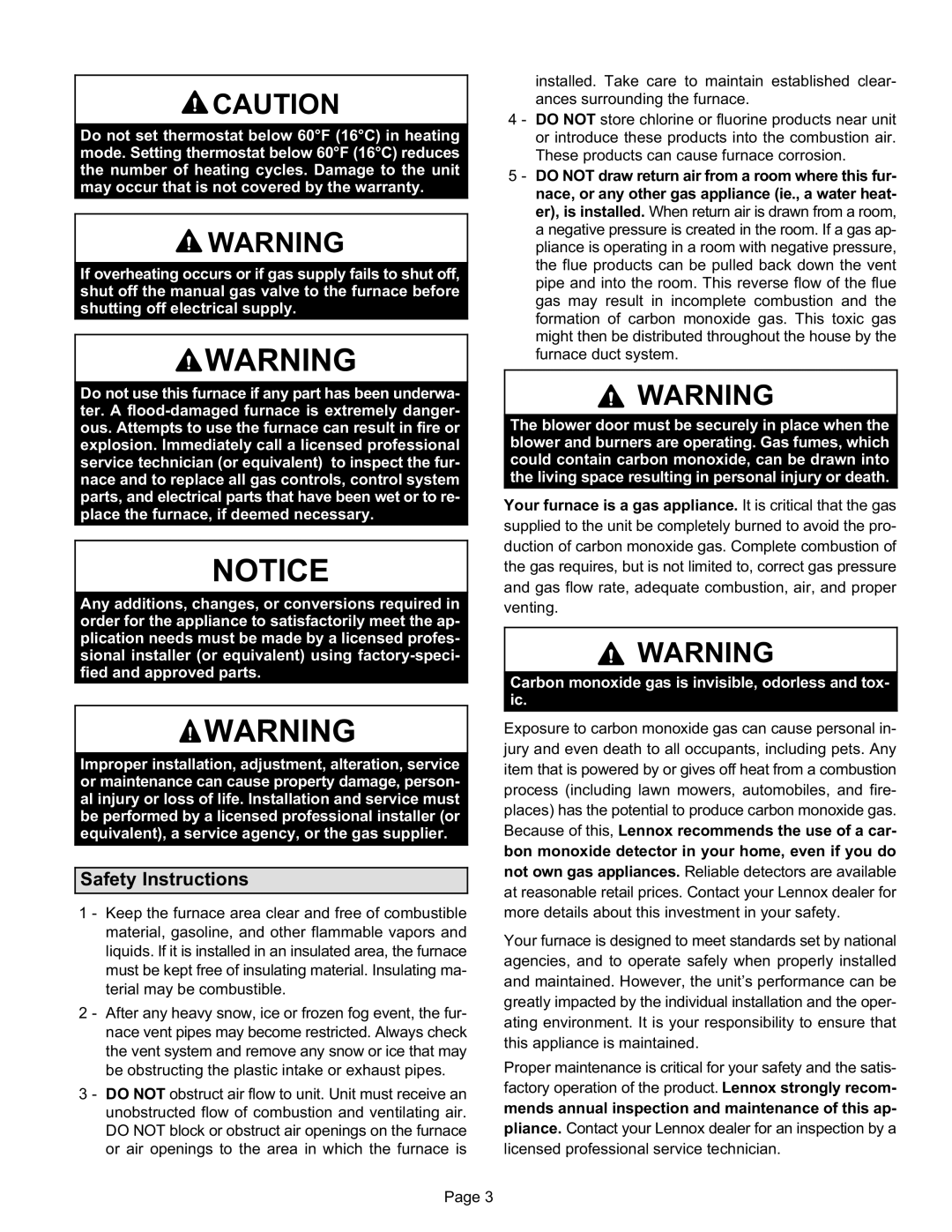 Lennox International Inc G71MPP manual Safety Instructions, Carbon monoxide gas is invisible, odorless and tox- ic 