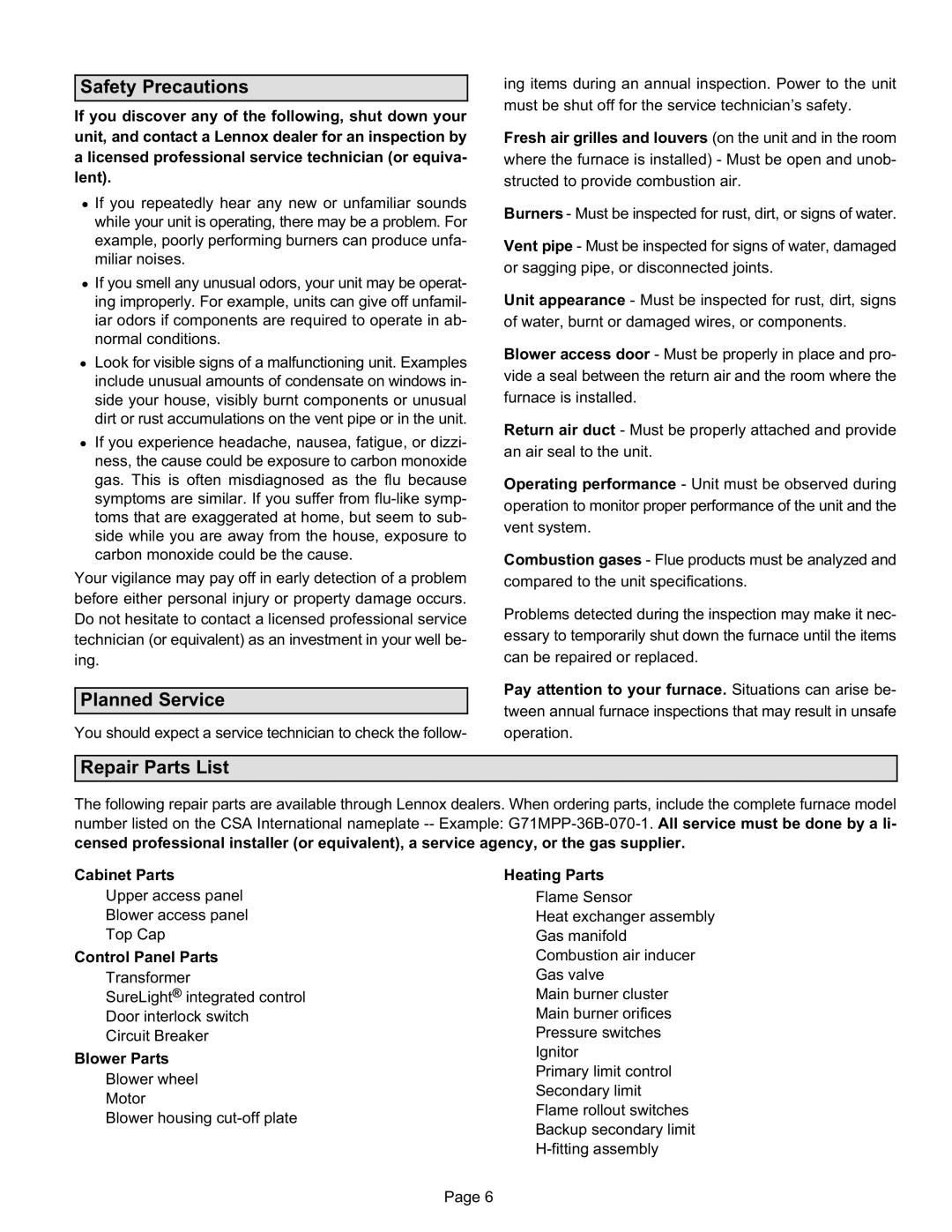 Lennox International Inc G71MPP manual Safety Precautions, Planned Service, Repair Parts List 