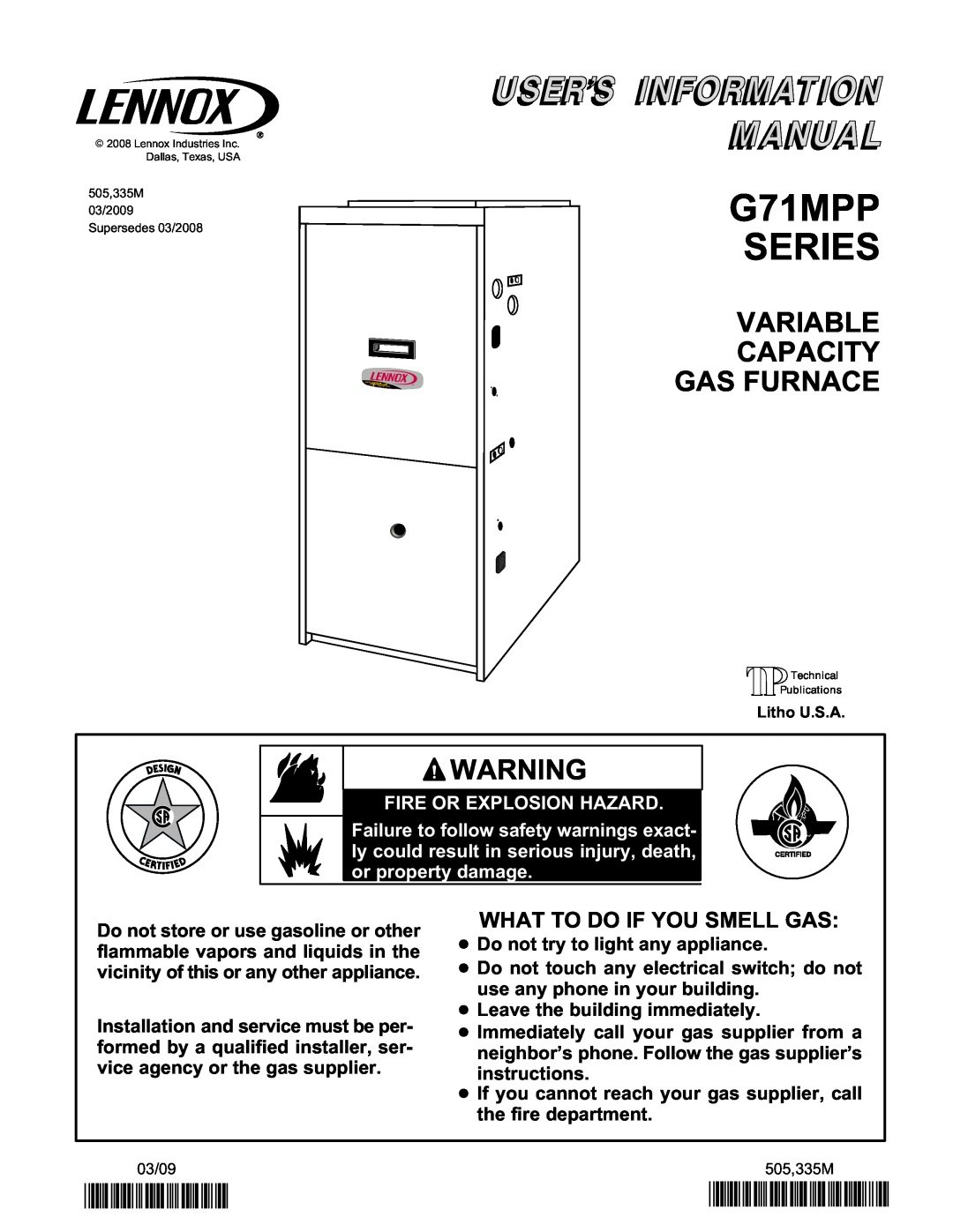 Lennox International Inc manual Variable Capacity Gas Furnace, G71MPP SERIES, 2P0309, P505335M 