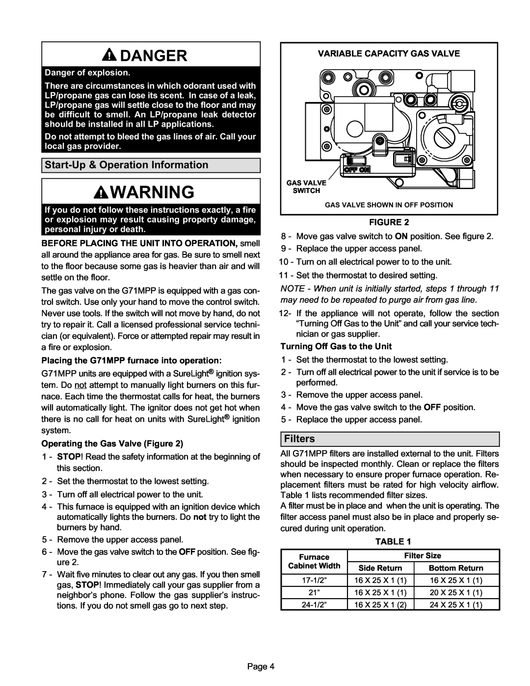 Lennox International Inc G71MPP manual Danger, Start−Up & Operation Information, Filters 
