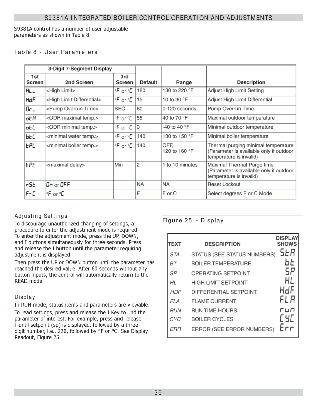 Lennox International Inc Gas-Fired Hot Water Boiler S9381A Integrated Boiler Control Operation and Adjustments, Display 