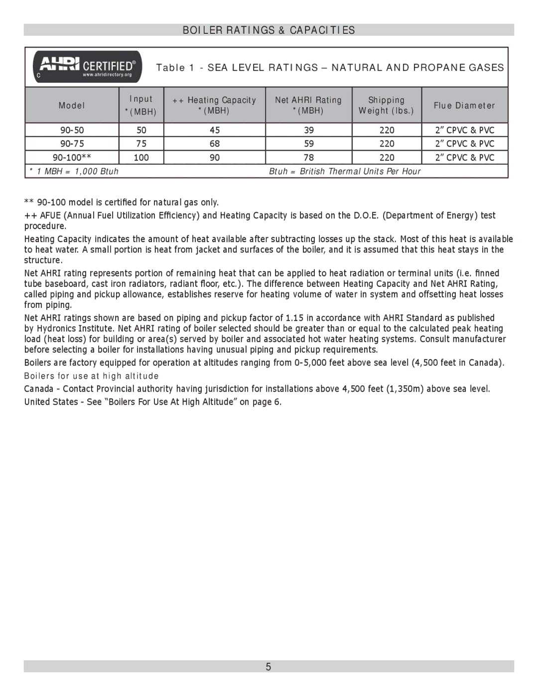 Lennox International Inc GWB9-100IH-2 SEA Level Ratings Natural and Propane Gases, Net Ahri Rating Shipping Flue Diameter 