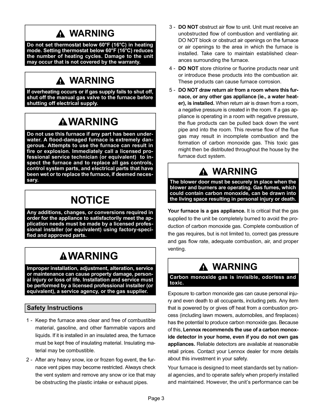 Lennox International Inc EL195DFE Series manual Safety Instructions, Carbon monoxide gas is invisible, odorless and toxic 