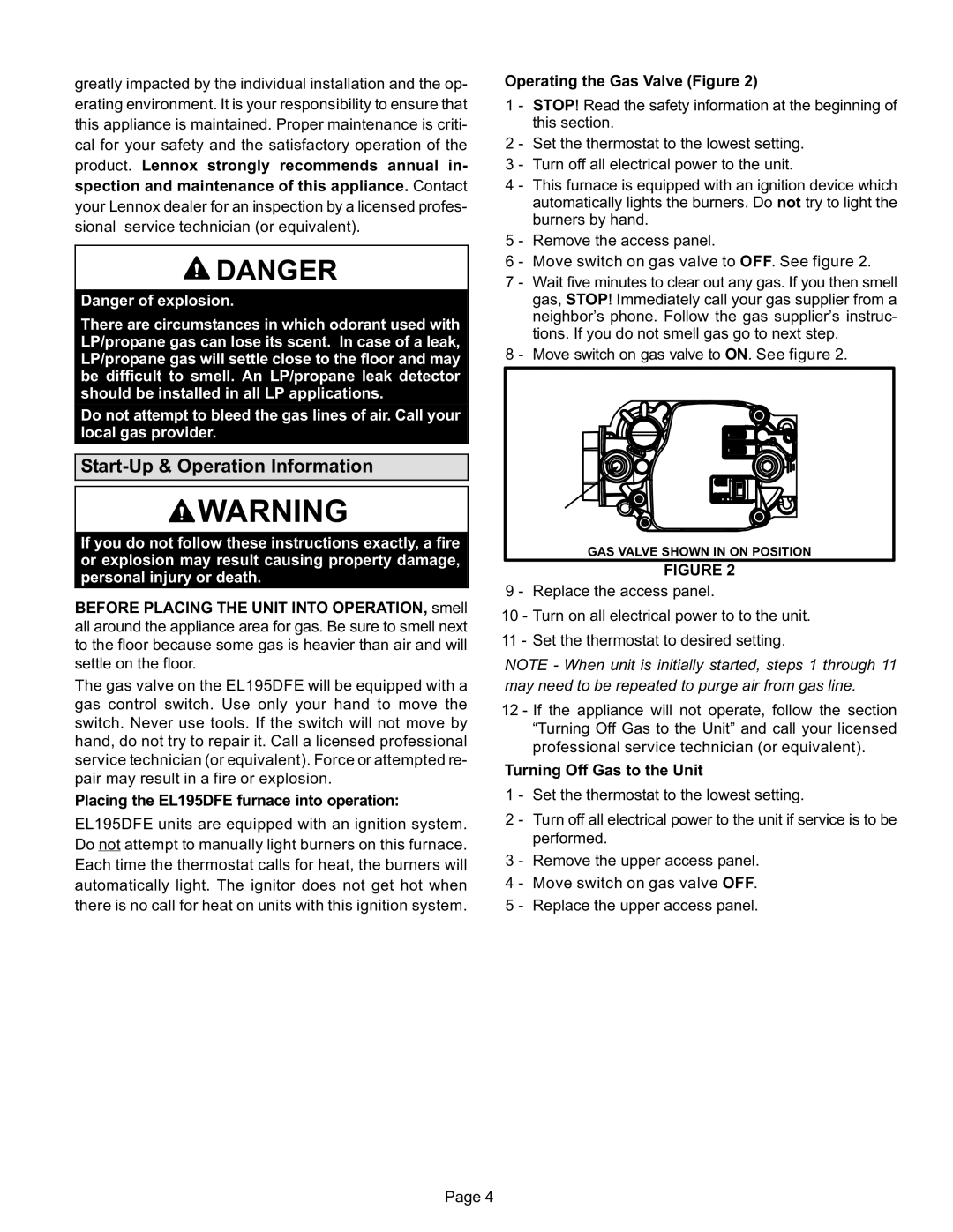 Lennox International Inc Gas Furnace, EL195DFE Series manual Start−Up & Operation Information 