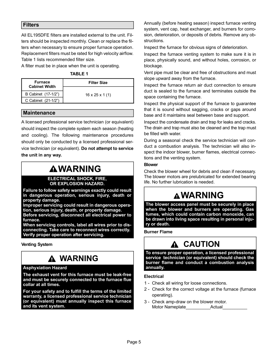 Lennox International Inc EL195DFE Series, Gas Furnace manual Filters, Maintenance 