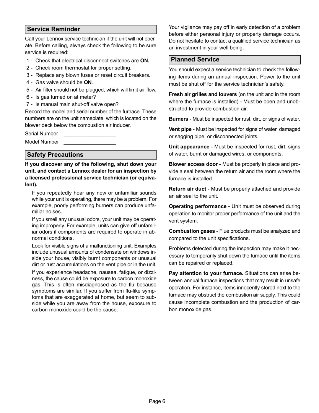 Lennox International Inc Gas Furnace, EL195DFE Series manual Service Reminder, Safety Precautions, Planned Service 